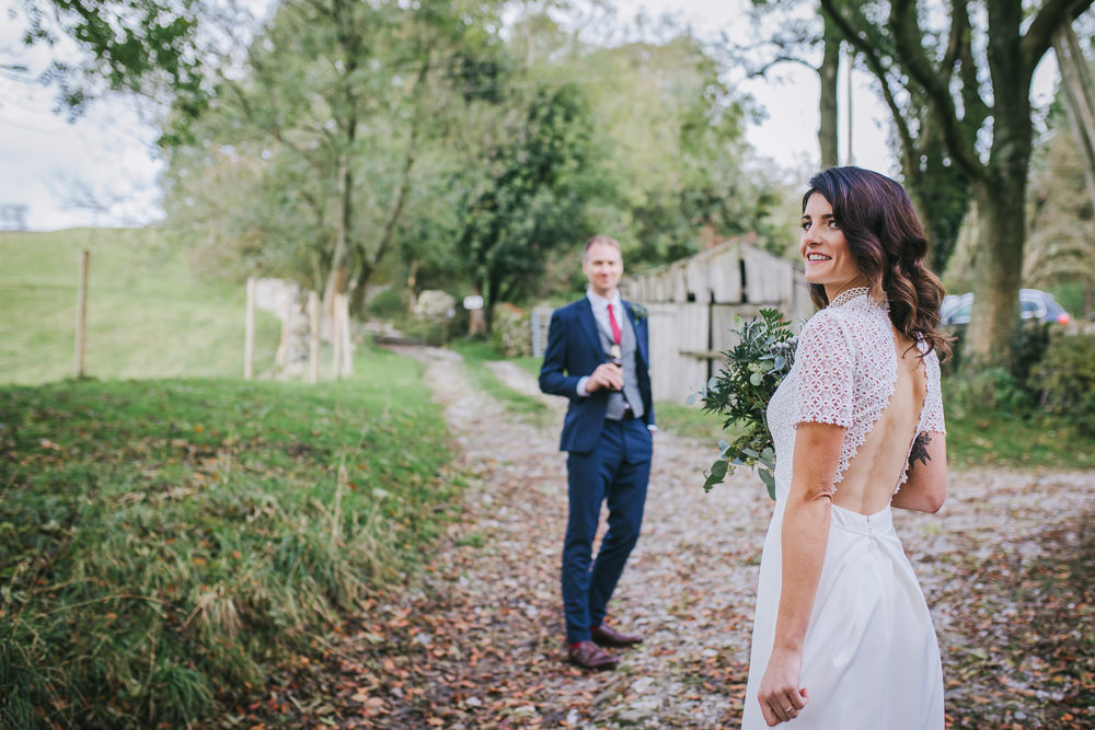 Dress Gown Bride Bridal Whistles Open Back Lace Short Sleeves Cosy Autumn Wedding Amy Jordison Photography