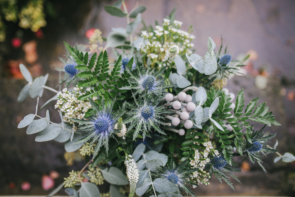 Bouquet Flowers Bride Bridal Greenery Thistle Eucalyptus Cosy Autumn Wedding Amy Jordison Photography