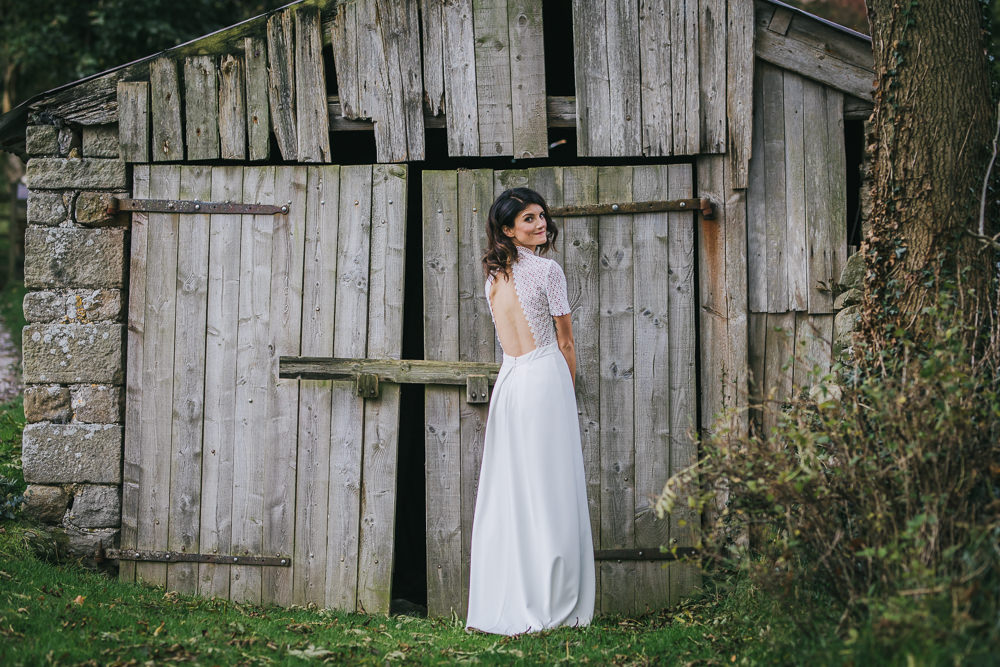 Dress Gown Bride Bridal Whistles Open Back Lace Short Sleeves Cosy Autumn Wedding Amy Jordison Photography