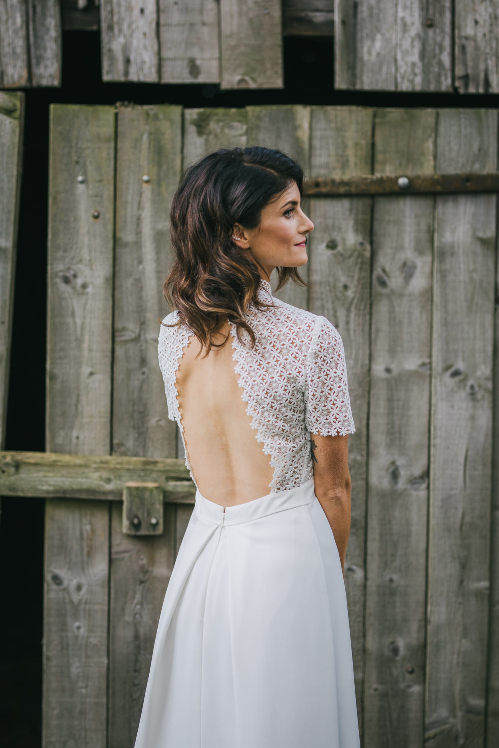 Dress Gown Bride Bridal Whistles Open Back Lace Short Sleeves Cosy Autumn Wedding Amy Jordison Photography