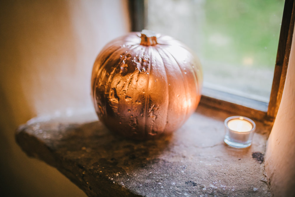 Copper Painted Pumpkin Decor Cosy Autumn Wedding Amy Jordison Photography