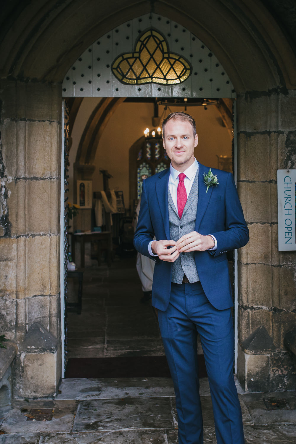 Groom Suit Blue Grey Waistcoat Red Tie Cosy Autumn Wedding Amy Jordison Photography