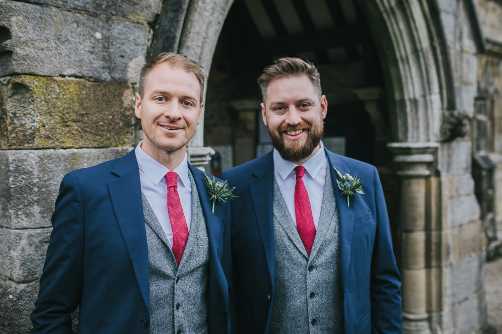 Groom Suit Blue Grey Waistcoat Red Tie Cosy Autumn Wedding Amy Jordison Photography