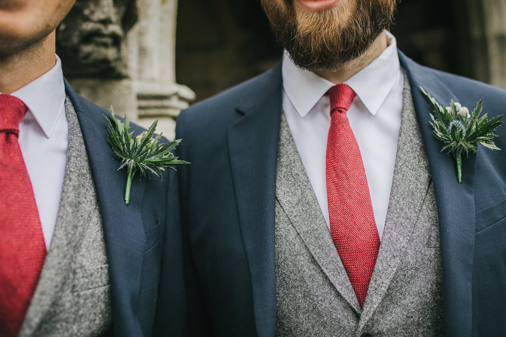 Groom Suit Blue Grey Waistcoat Red Tie Buttonholes Cosy Autumn Wedding Amy Jordison Photography