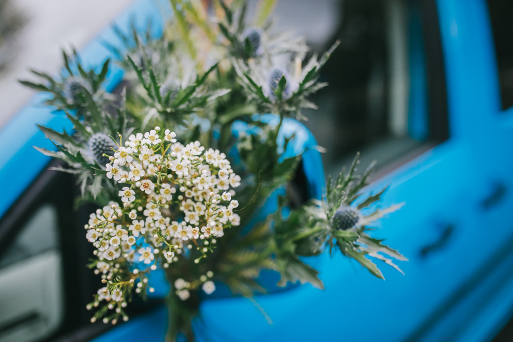 Car Flowers Greenery Thistle Eucalyptus Cosy Autumn Wedding Amy Jordison Photography
