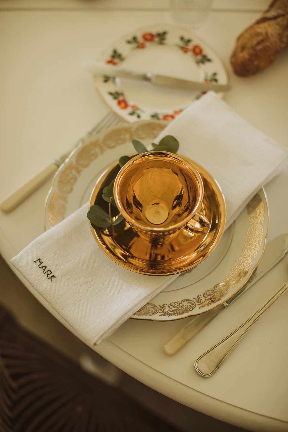 Place Setting Vintage Chine Gold Cup Embroidered Napkin Escape To The Chateau Wedding The Springles