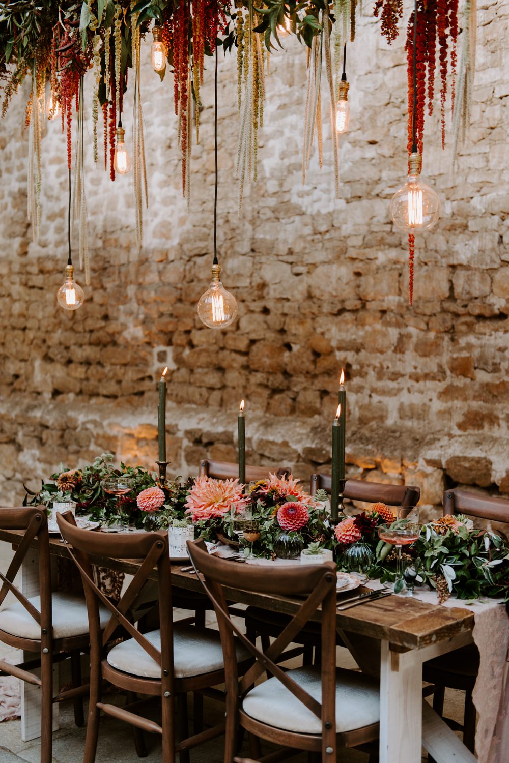 Table Tablescape Decor Decoration Autumn Fall Flowers Wooden Long Candles Dahlia Coral Greenery Suspended Hanging Flowers Foliage Light Bulbs Lighting Ethical Wedding Ideas Sadie Osborne Photography