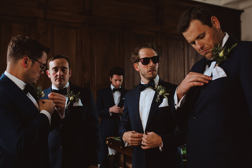 Groom Groomsmen Suit Navy Blue Bow Tie French Chateau Wedding Red On Blonde Photography