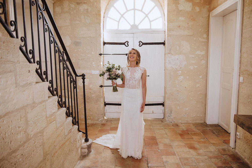 Dress Gown Bride Bridal Floral Bridal Lace Cap Sleeves Train Veil French Chateau Wedding Red On Blonde Photography