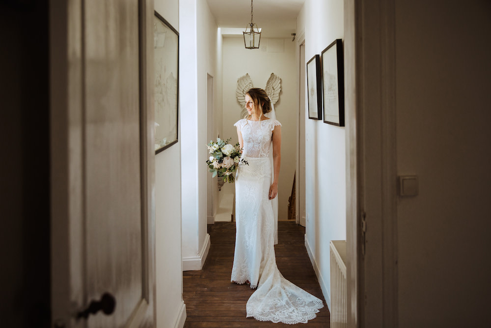 Dress Gown Bride Bridal Floral Bridal Lace Cap Sleeves Train Veil French Chateau Wedding Red On Blonde Photography