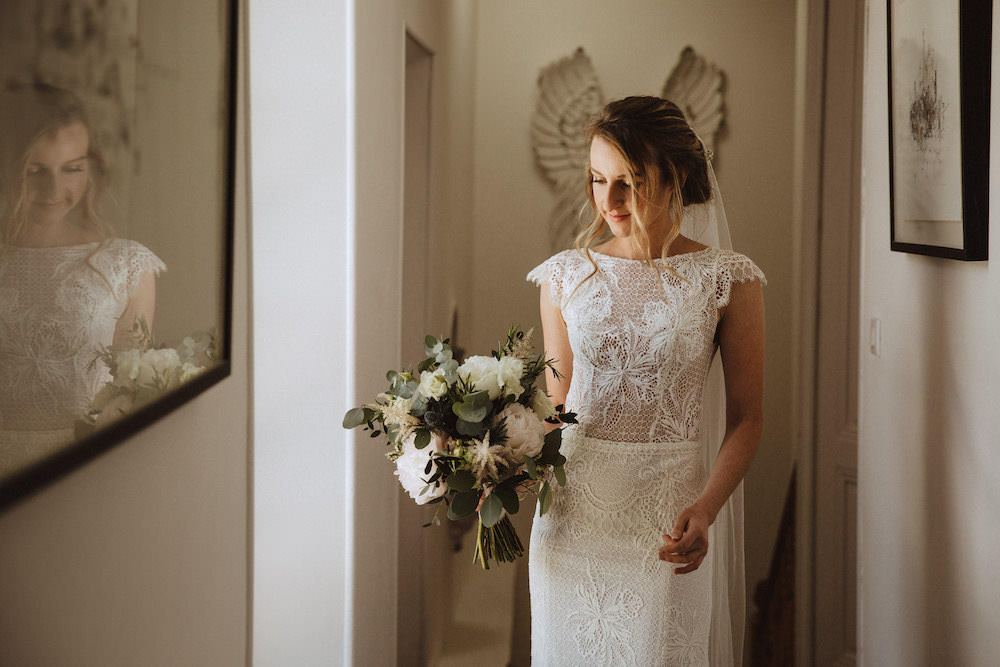 Dress Gown Bride Bridal Floral Bridal Lace Cap Sleeves Train Veil French Chateau Wedding Red On Blonde Photography