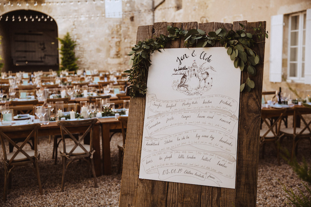 Table Plan Seating Chart Illustrated Greenery Wood French Chateau Wedding Red On Blonde Photography