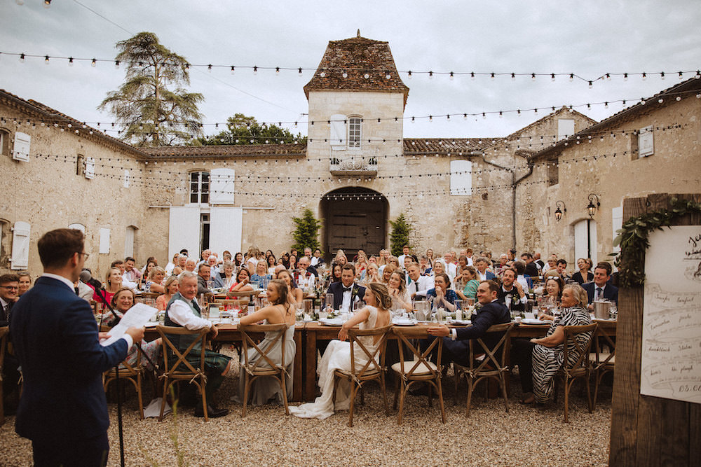 Outdoor Reception Festoon Lights Lighting Long Tables French Chateau Wedding Red On Blonde Photography
