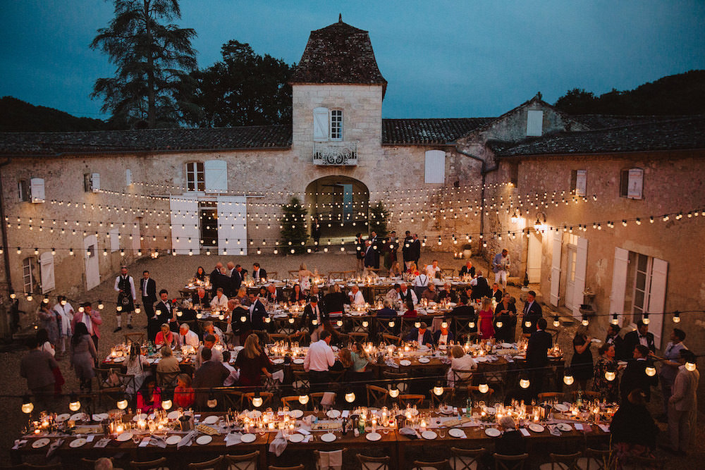 Outdoor Reception Festoon Lights Lighting Long Tables French Chateau Wedding Red On Blonde Photography