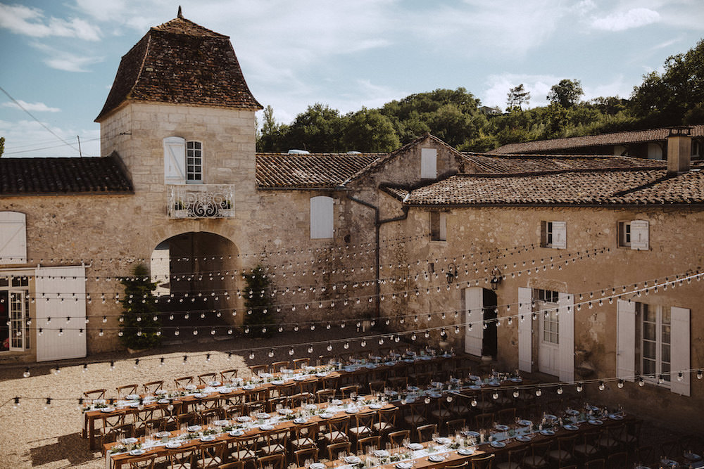 Outdoor Reception Festoon Lights Lighting Long Tables French Chateau Wedding Red On Blonde Photography