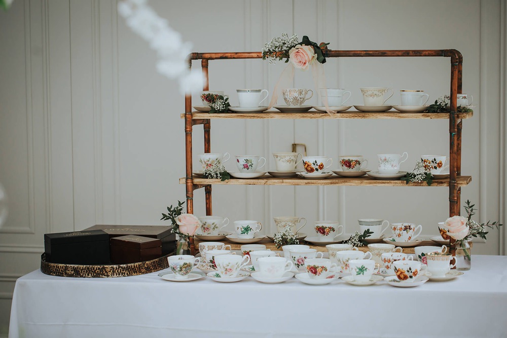Vintage Tea Cups Copper Pipe Stand Hayne House Wedding Olegs Samsonovs Photography