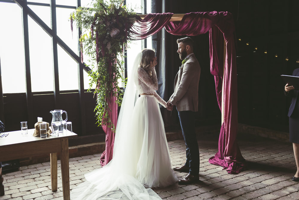 Ceremony Backdrop Flower Arch Fabric Greenery Foliage Aisle Kingshill Barn Wedding Sandra Reddin Photography