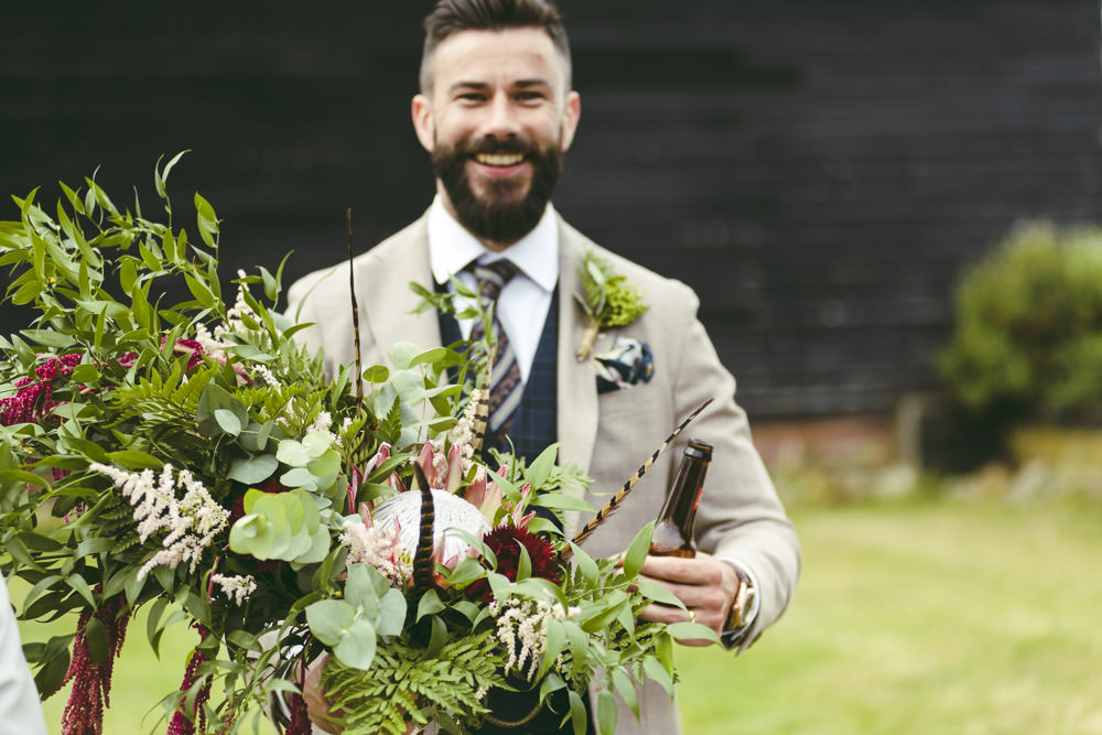 Large Oversized Cascading Bouquet Flowers Bride Bridal Greenery Foliage Protea Astilbe Groom Groomsmen Suits Blazer Waistcoats Tie Navy Cream Kingshill Barn Wedding Sandra Reddin Photography