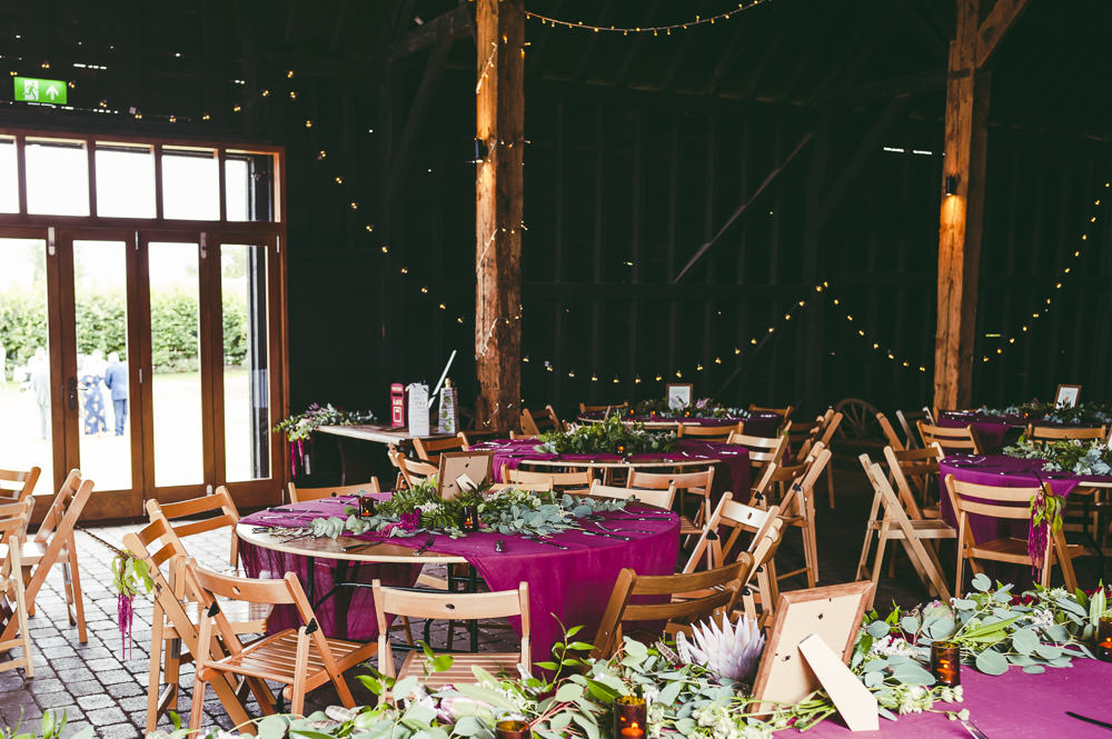 Round Tables Red Burgundy Table Cloths Kingshill Barn Wedding Sandra Reddin Photography