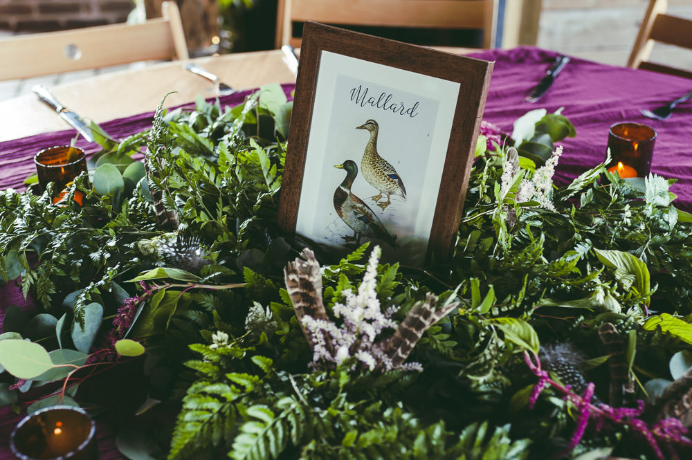 Centrepiece Decor Table Flowers Greenery Foliage Bird Table Names Kingshill Barn Wedding Sandra Reddin Photography