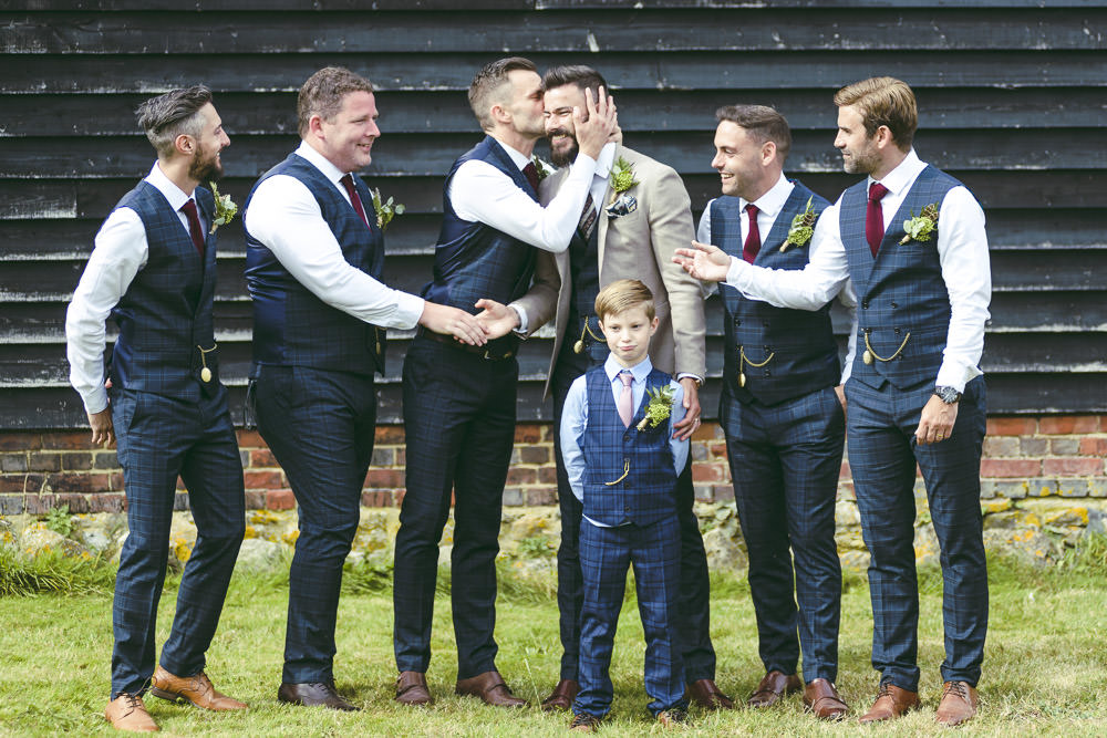 Groom Groomsmen Suits Blazer Waistcoats Tie Navy Cream Kingshill Barn Wedding Sandra Reddin Photography