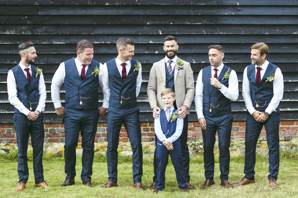 Groom Groomsmen Suits Blazer Waistcoats Tie Navy Cream Kingshill Barn Wedding Sandra Reddin Photography