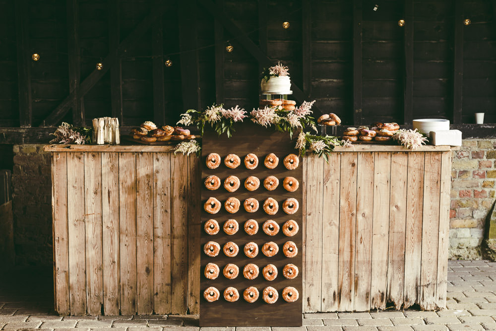 Doughnuts Donut Wall Stand Cake Table Dessert Kingshill Barn Wedding Sandra Reddin Photography