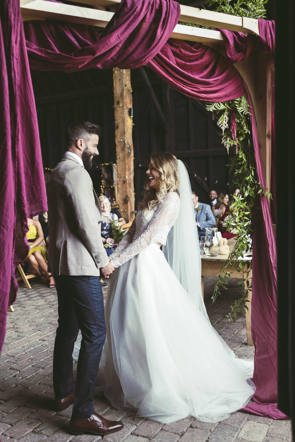 Ceremony Backdrop Flower Arch Fabric Greenery Foliage Aisle Kingshill Barn Wedding Sandra Reddin Photography