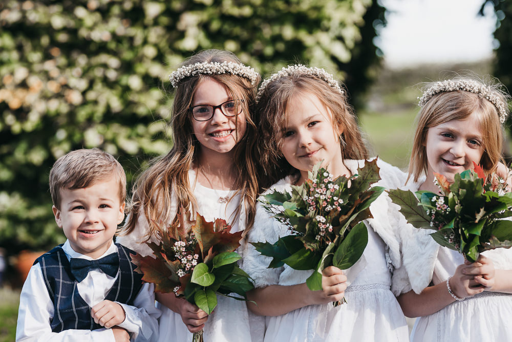 Flower Girls Page Boy Greenery Autumn Post Bouquet Floral Crown Llys Meddyg Wedding Hannah Miles Photography