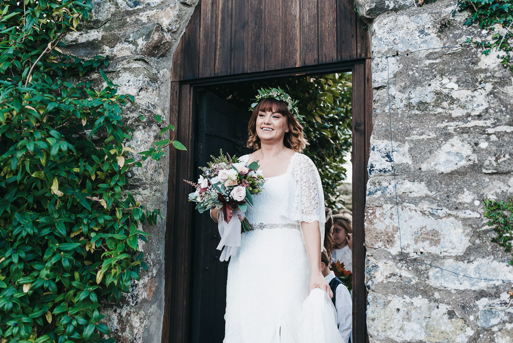 Bride Bridal Boho Sleeves Lace Dress Gown Greenery Floral Crown Bouquet Llys Meddyg Wedding Hannah Miles Photography