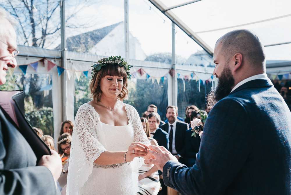 Bride Bridal Boho Sleeves Lace Dress Gown Greenery Floral Crown Groom Bunting Llys Meddyg Wedding Hannah Miles Photography