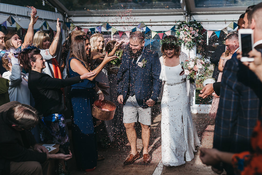 Confetti Bride Bridal Boho Sleeves Lace Dress Gown Greenery Floral Crown Shorts Chino Groom Llys Meddyg Wedding Hannah Miles Photography