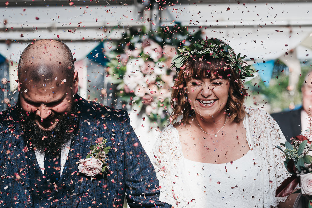 Bride Bridal Boho Sleeves Lace Dress Gown Greenery Floral Crown Shorts Chino Groom Confetti Llys Meddyg Wedding Hannah Miles Photography