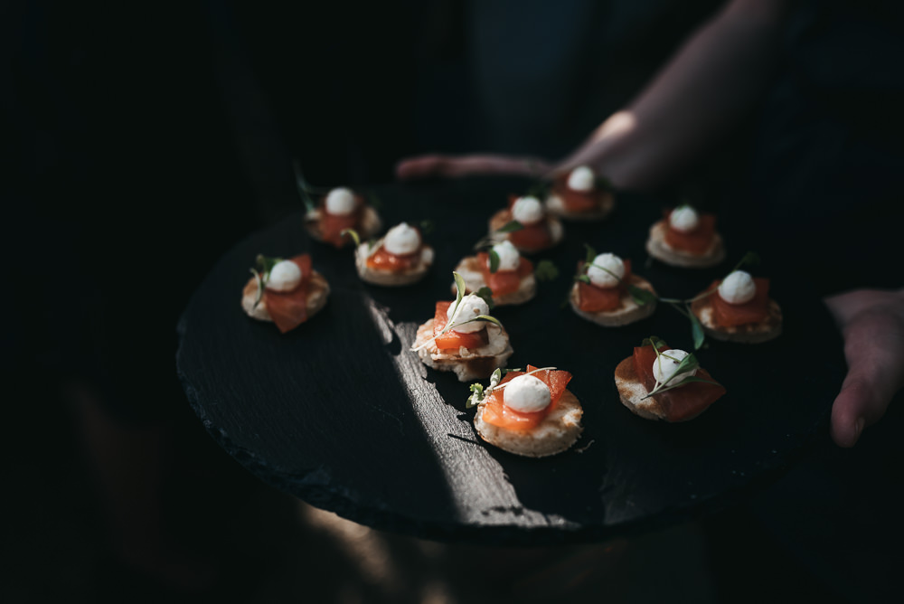 Canapés Smoked Salmon Blinis Llys Meddyg Wedding Hannah Miles Photography