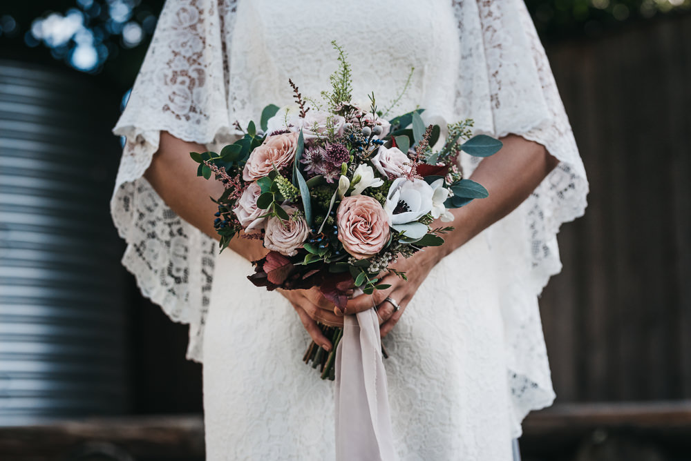 Bride Bridal Bouquet Flowers Floral Anemone Rose Blousy Greenery Pink Ribbon Llys Meddyg Wedding Hannah Miles Photography