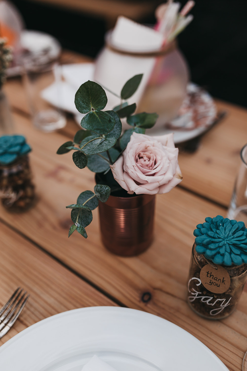Succulent Favours Sprayed Tin Cans Rose Greenery Flowers Floral Llys Meddyg Wedding Hannah Miles Photography