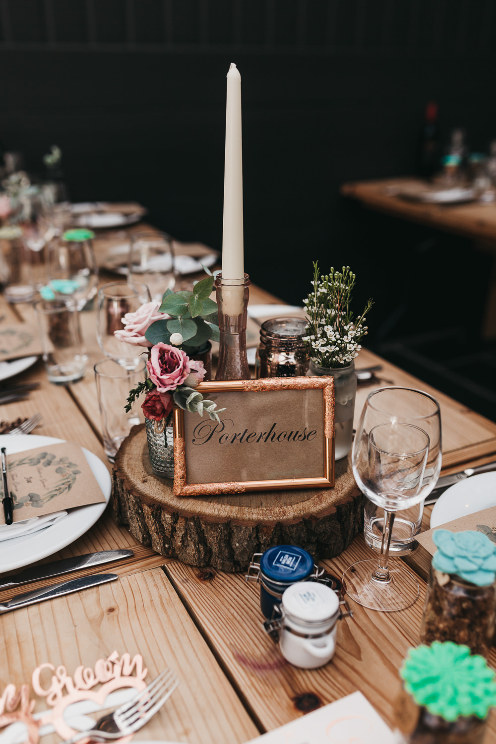 Table Name Number Wood Slice Log Centre Candle Llys Meddyg Wedding Hannah Miles Photography