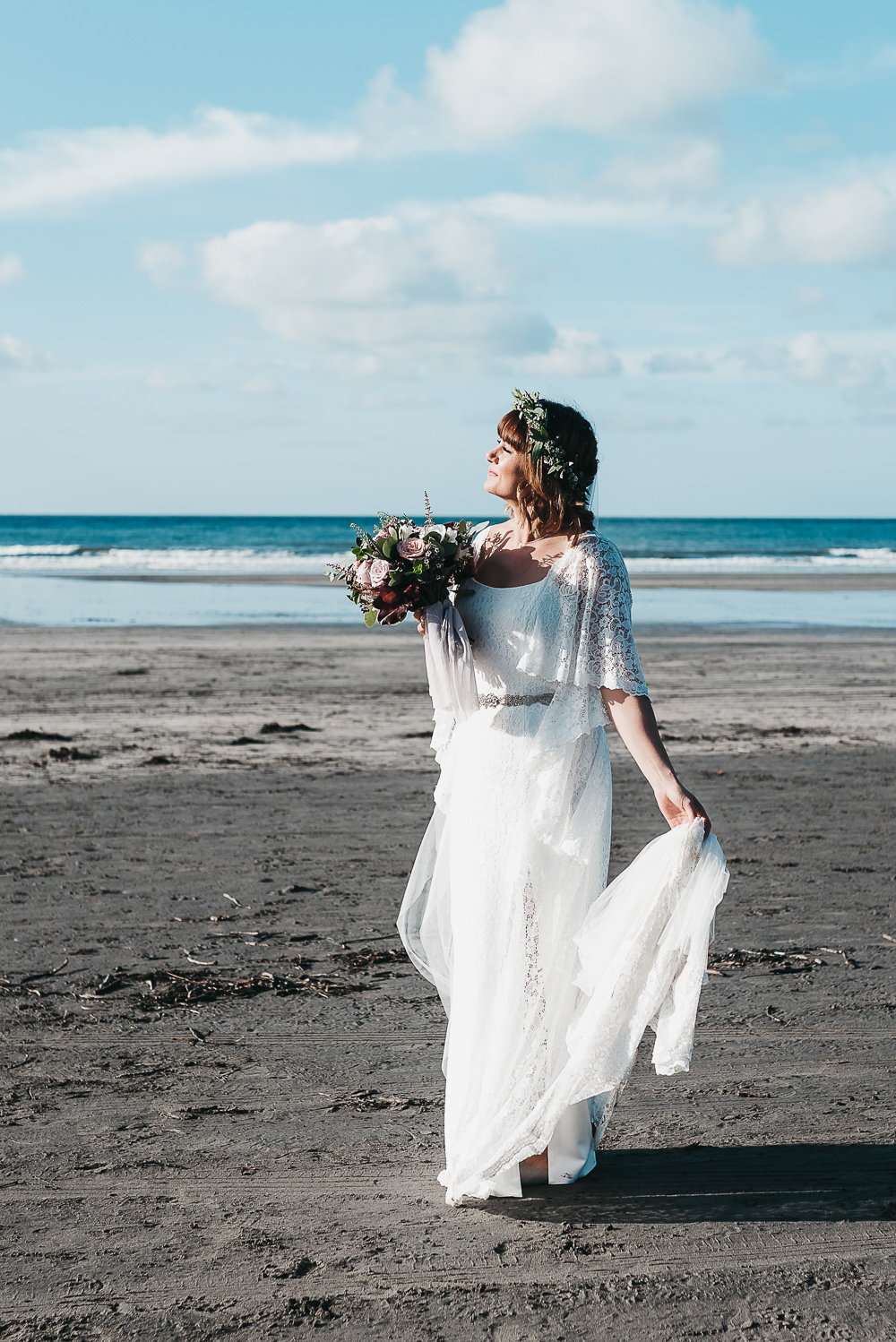 Bride Bridal Boho Sleeves Lace Dress Gown Greenery Floral Crown Bouquet Llys Meddyg Wedding Hannah Miles Photography