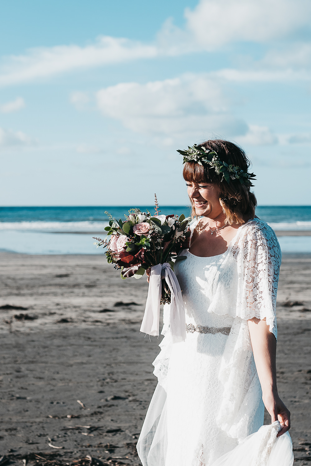 Bride Bridal Boho Sleeves Lace Dress Gown Greenery Floral Crown Sparkly Belt Bouquet Llys Meddyg Wedding Hannah Miles Photography