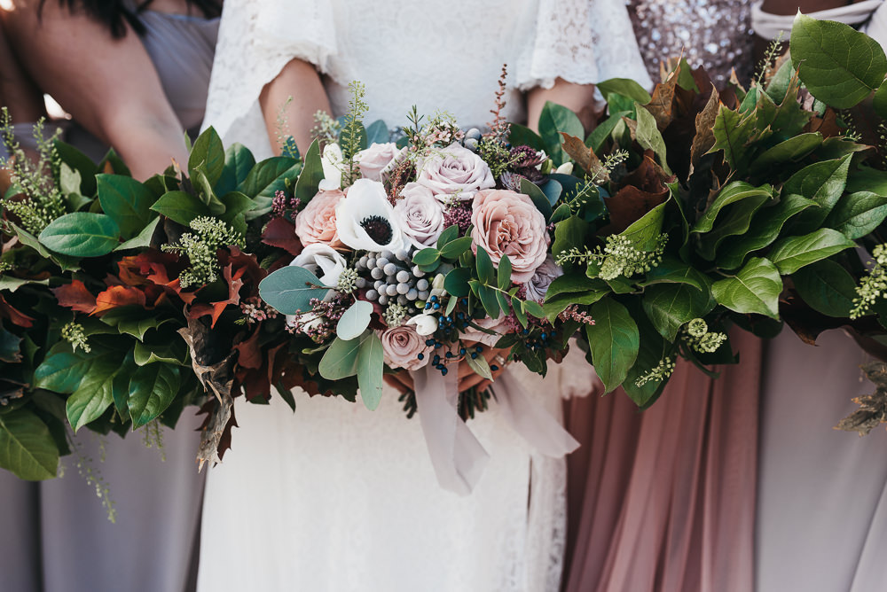 Bride Bridal Bouquet Anemone Rose Blousy Greenery Autumn Posy Llys Meddyg Wedding Hannah Miles Photography