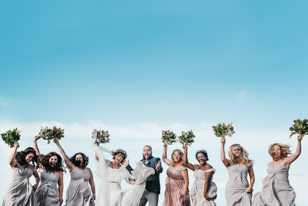 Bride Bridal Boho Sleeves Lace Dress Gown Greenery Floral Crown Shorts Chino Groom Taupe Heather Bridesmaids Llys Meddyg Wedding Hannah Miles Photography