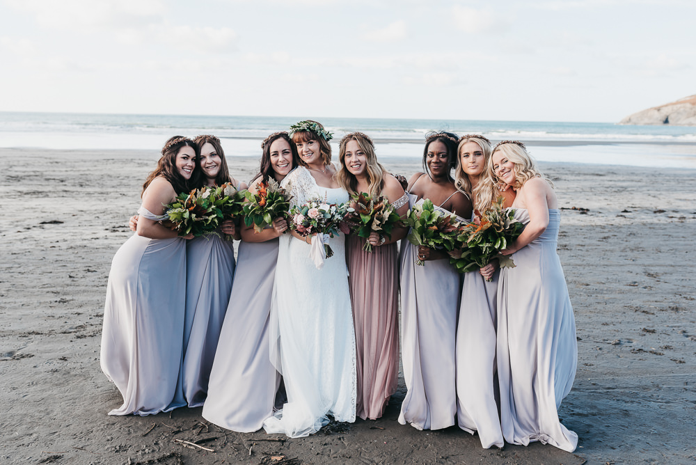 Bride Bridal Boho Sleeves Lace Dress Gown Greenery Floral Crown Taupe Heather Maxi Dress Floor Length Bridesmaids Llys Meddyg Wedding Hannah Miles Photography