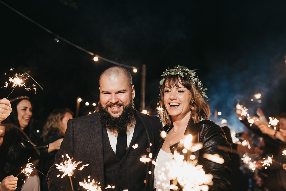Sparkler Send Off Farewell Bride Groom Leather Jacket Llys Meddyg Wedding Hannah Miles Photography