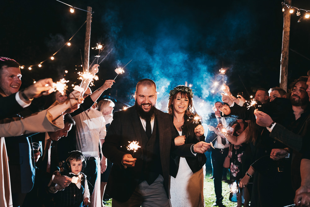 Sparkler Send Off Farewell Bride Groom Leather Jacket Llys Meddyg Wedding Hannah Miles Photography