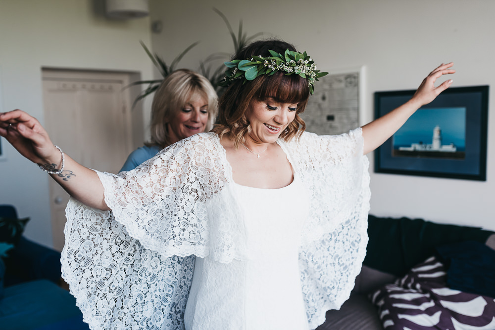 Bride Bridal Boho Sleeves Lace Dress Gown Greenery Floral Crown Llys Meddyg Wedding Hannah Miles Photography