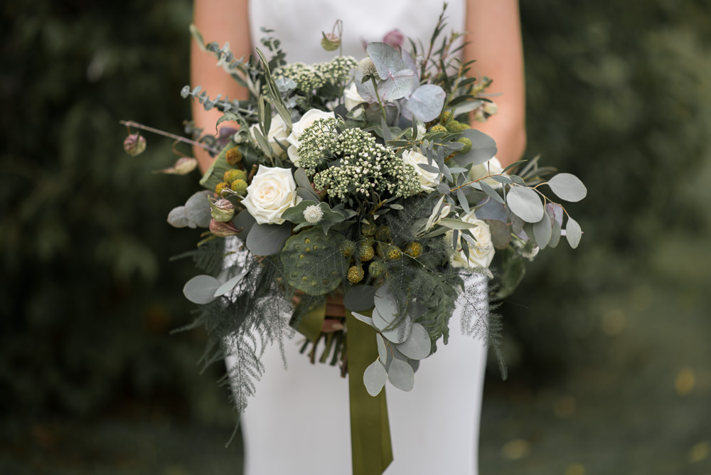 Bride Bridal Bouquet Flowers Grenery Foliage Ribbon Eucalyptus Fern Seeds Rose Minimalist Wedding Ideas Nicola Belson Photography