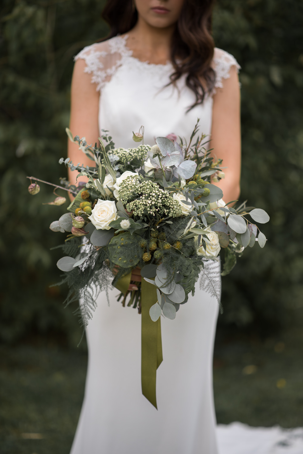 Bride Bridal Bouquet Flowers Grenery Foliage Ribbon Eucalyptus Fern Seeds Rose Minimalist Wedding Ideas Nicola Belson Photography