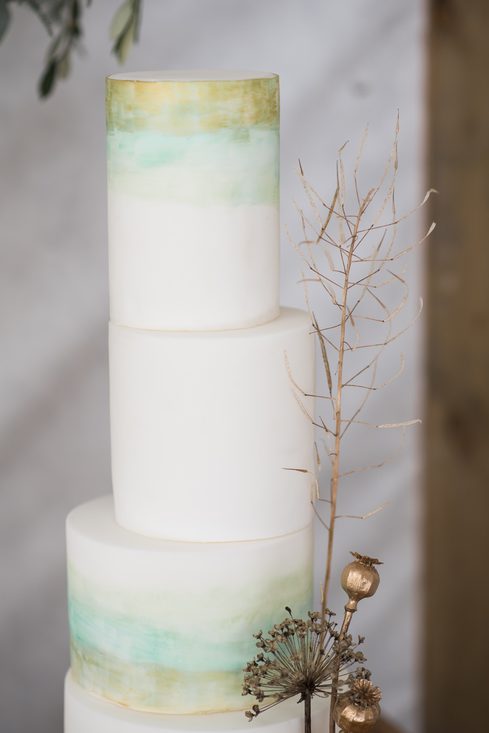 Cake Iced Tall Green Gold Painted Watercolour Flower Heads Minimalist Wedding Ideas Nicola Belson Photography