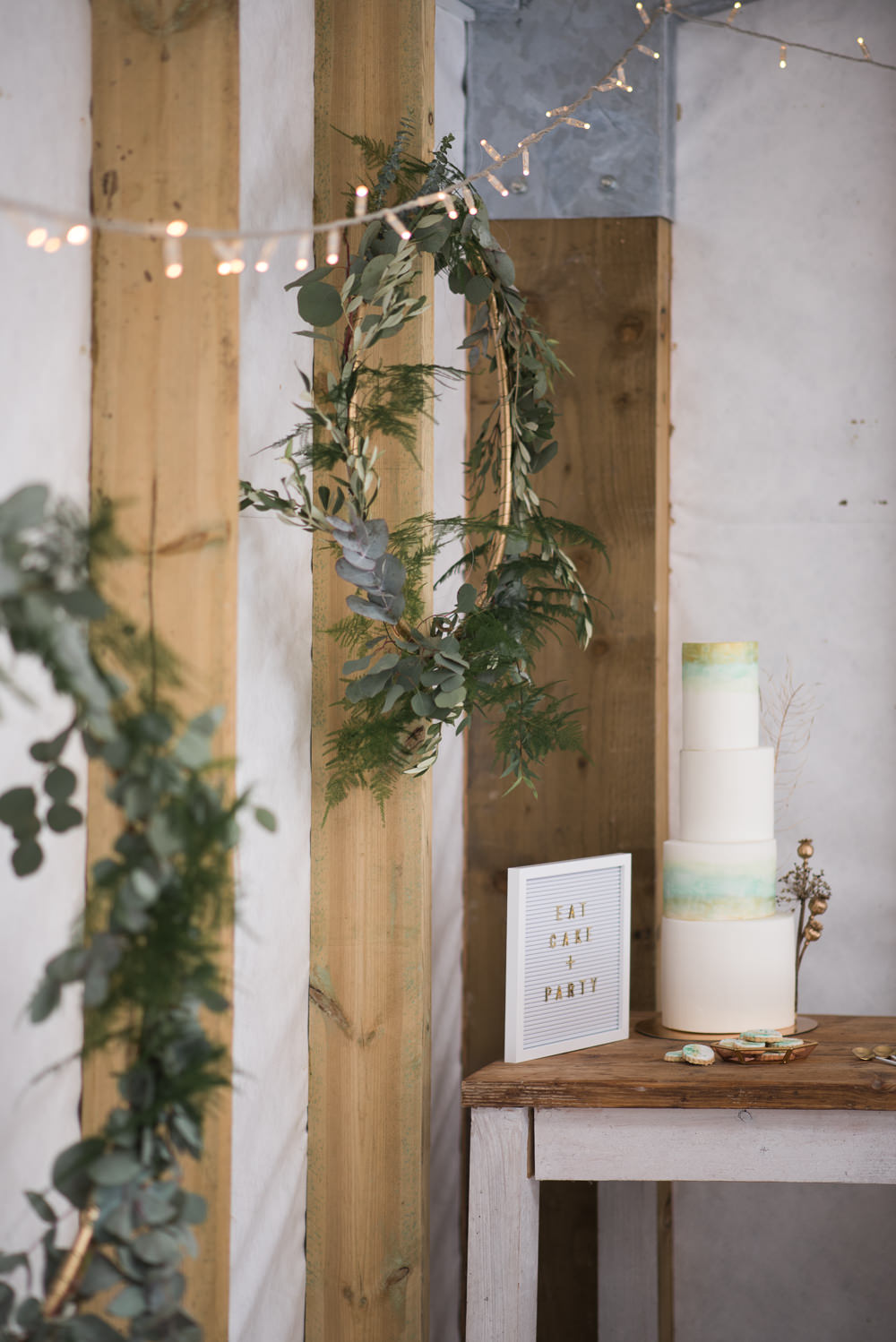Cake Iced Tall Green Gold Painted Watercolour Flower Heads Wreaths Hoops Minimalist Wedding Ideas Nicola Belson Photography
