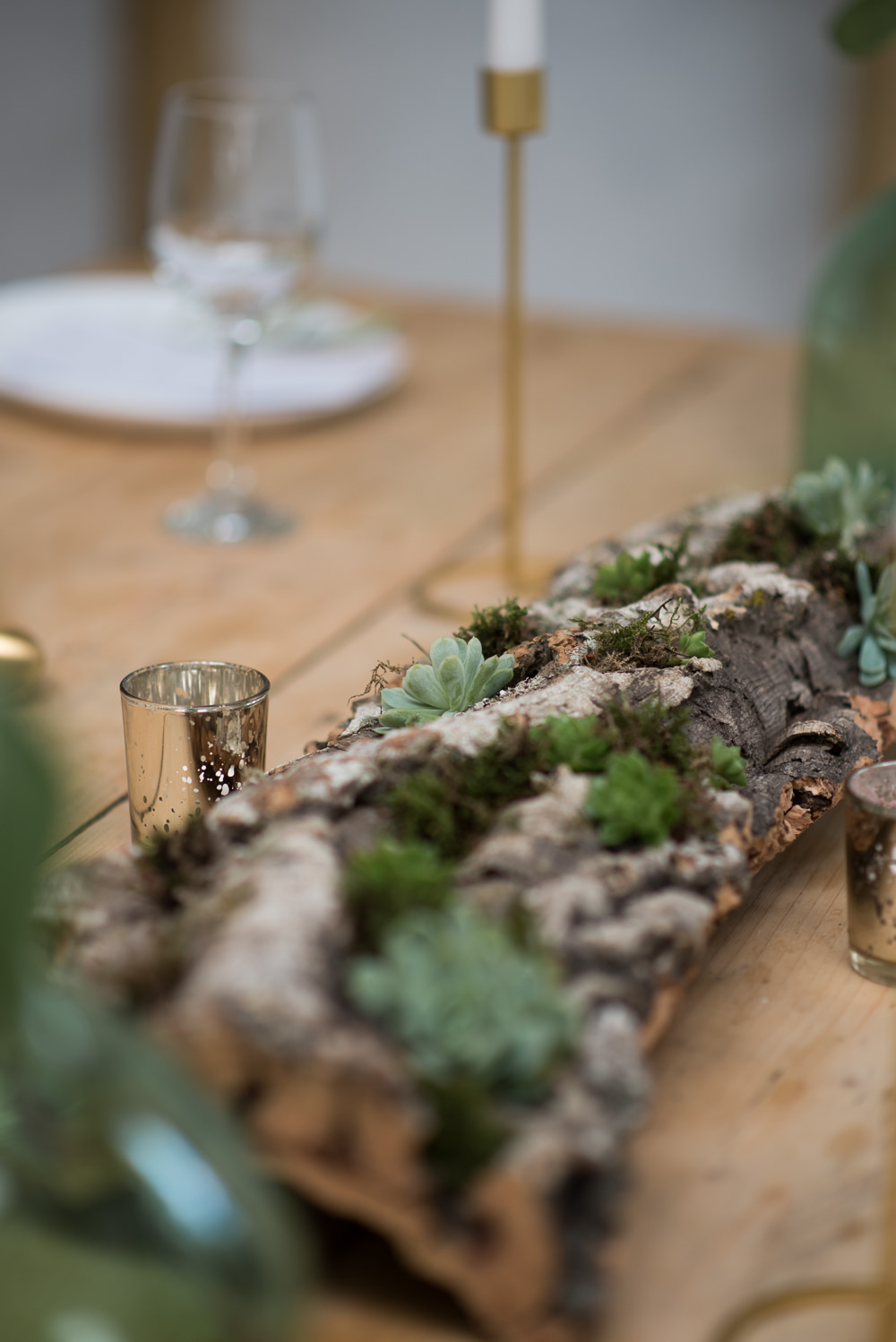 Log Centrepiece Decor Moss Succulents Minimalist Wedding Ideas Nicola Belson Photography